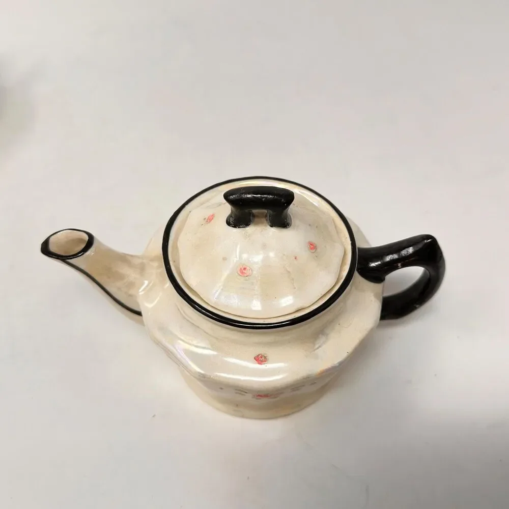 Vintage Victoria Czechoslovakia Lusterware Sugar Bowl and Creamer Black Trim